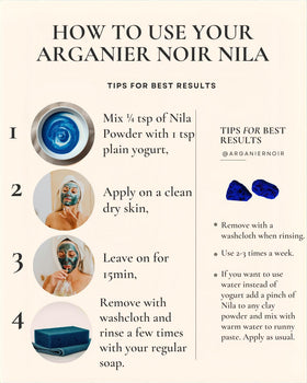 Arganier Noir Blue Nila powder scoop beside jar for convenient weekly use