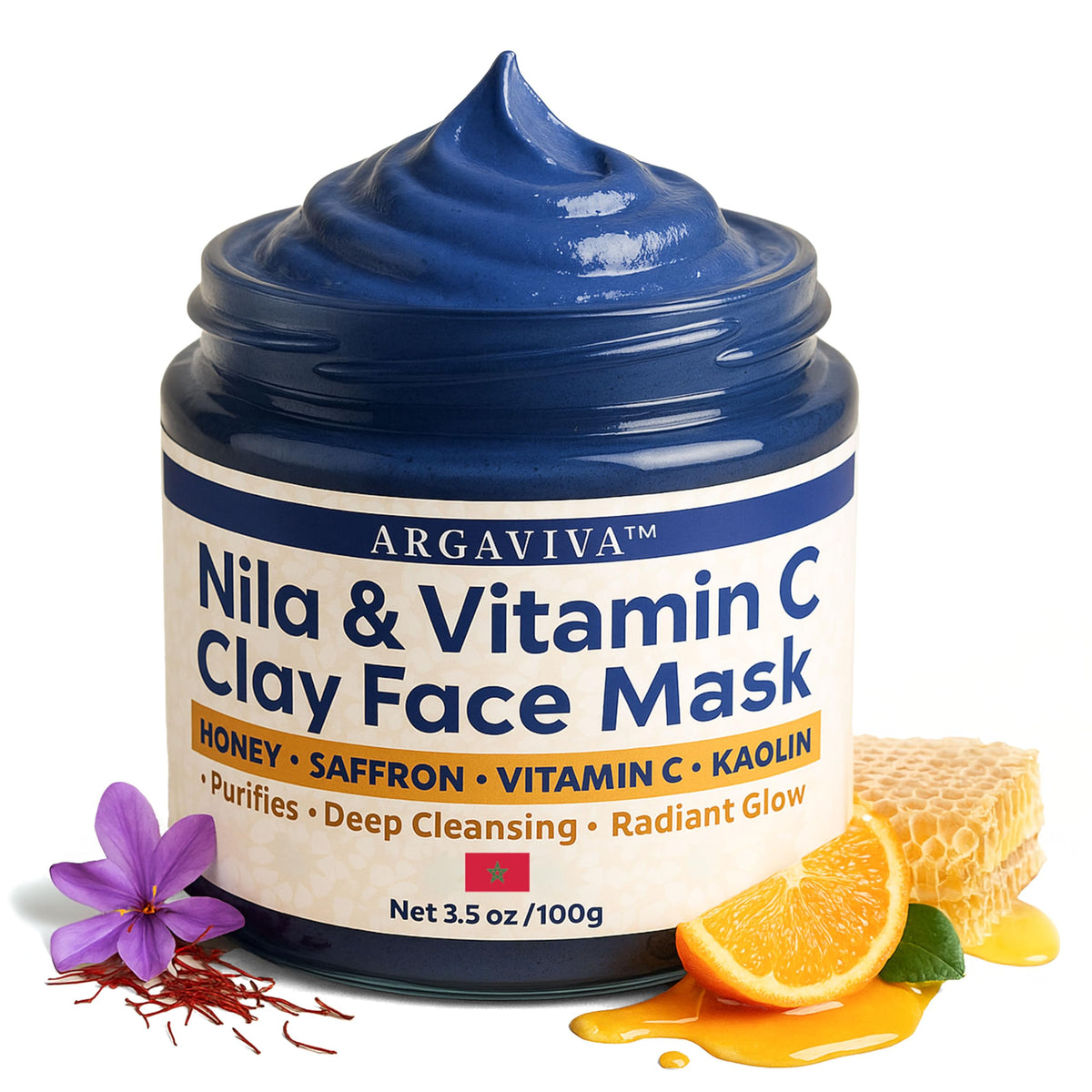 Argaviva Nila Vitamin C Brightening Face Mask in jar shows radiant glow and even tone.