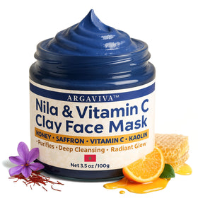 Argaviva Nila Vitamin C Brightening Face Mask in jar shows radiant glow and even tone.