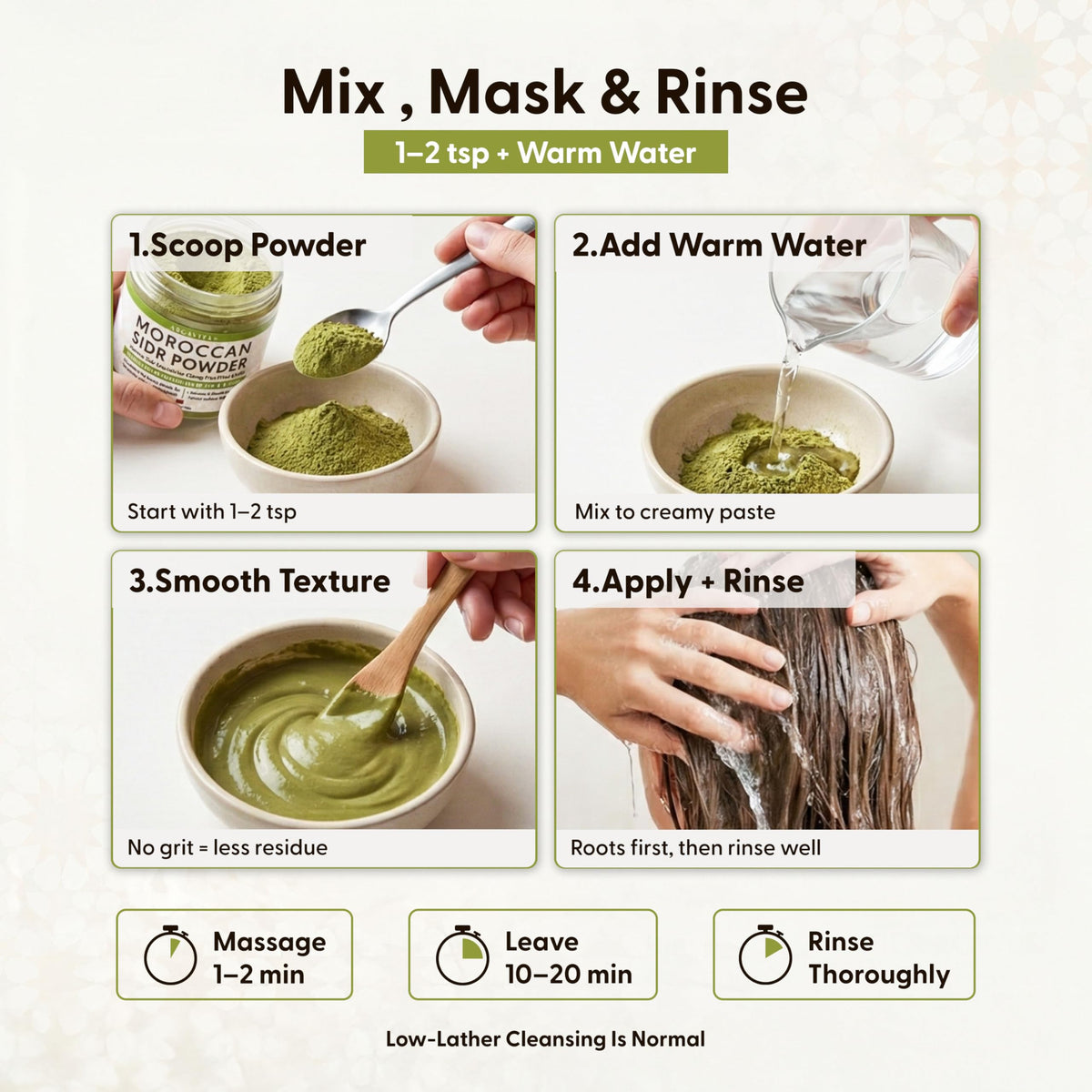 Argaviva Sidr paste on scalp, gentle massage for refreshing cleanse.