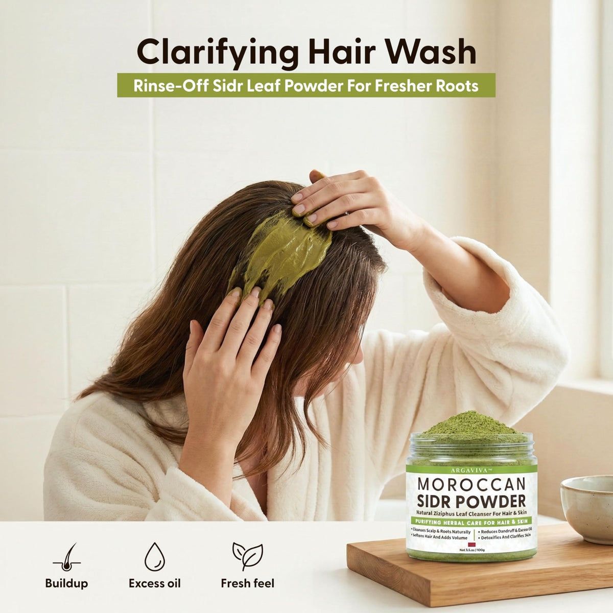 Argaviva Sidr powder in a bathroom setup, low-foam alternative option.