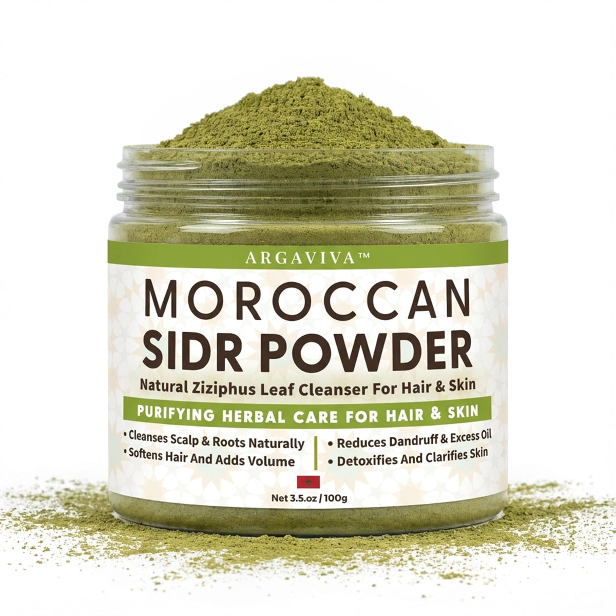 Argaviva Sidr Powder jar close-up, fragrance-free formula for gentle scalp care.