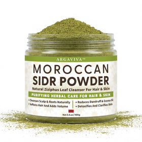 Argaviva Sidr Powder jar close-up, fragrance-free formula for gentle scalp care.