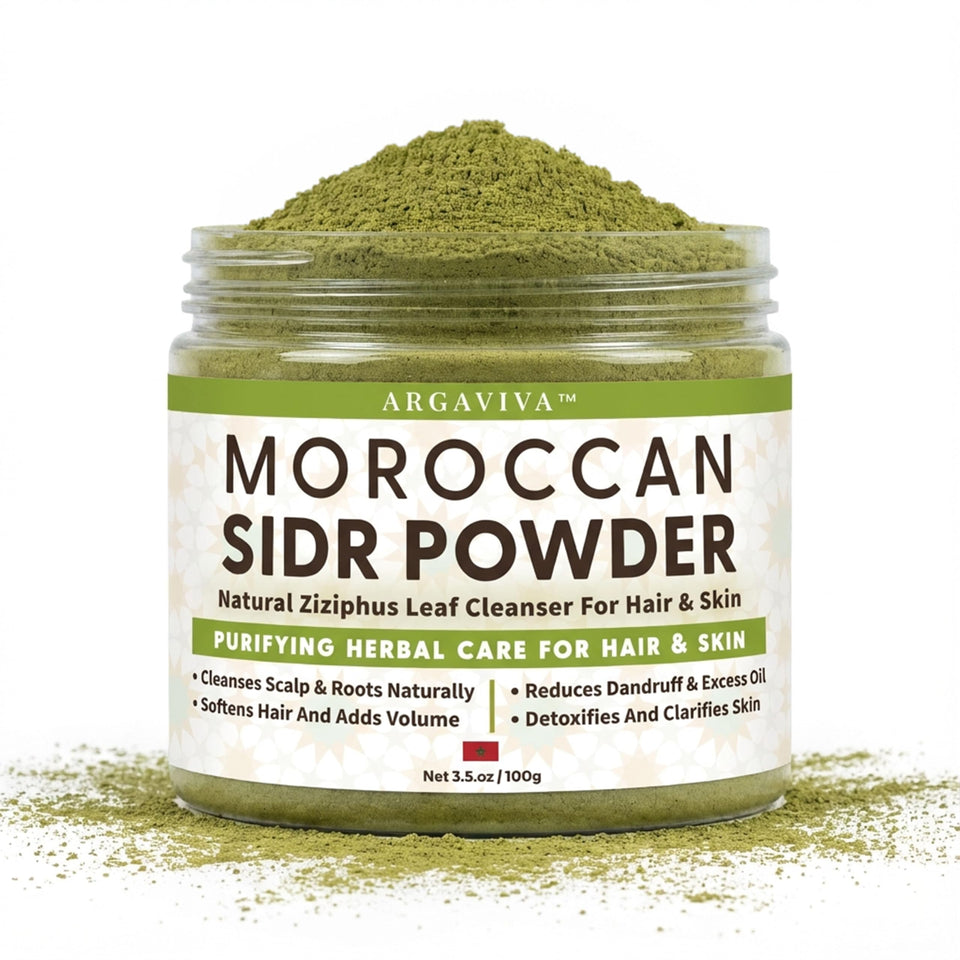 Argaviva Sidr Powder jar close-up, fragrance-free formula for gentle scalp care.