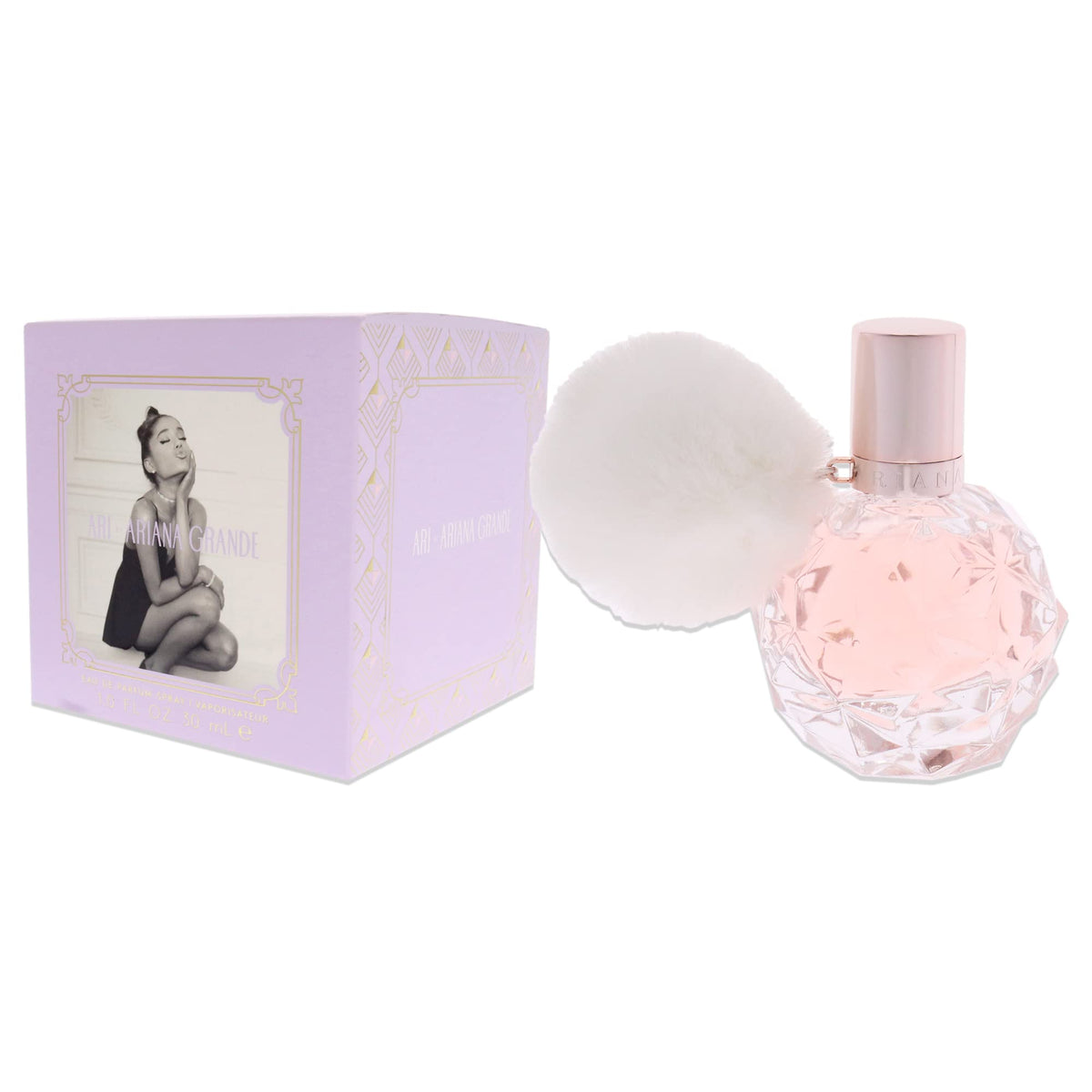 Ari pom-pom detail adds playful style to Ariana Grande fragrance.