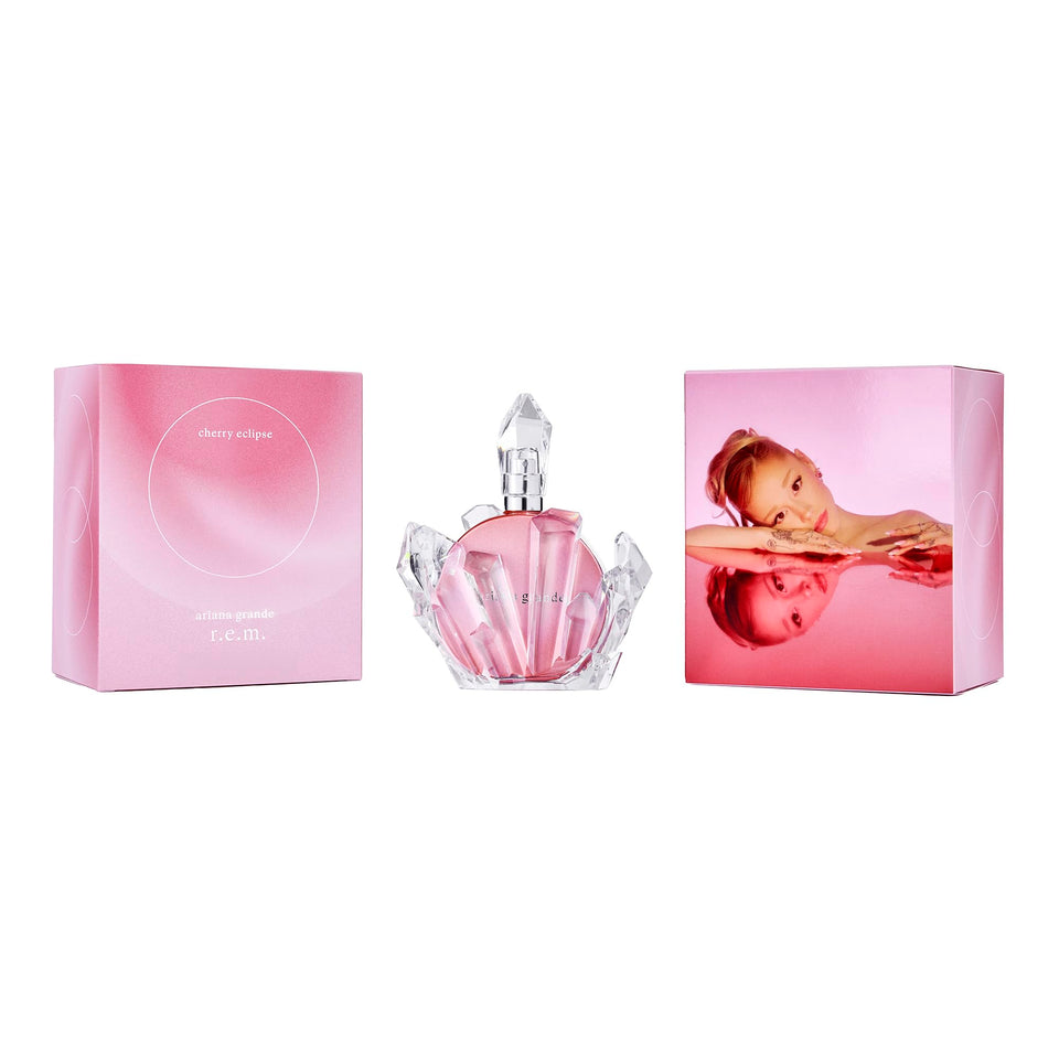 Ariana Grande r.e.m. Cherry Eclipse bottle front showing ambery fruity scent for everyday elegance.