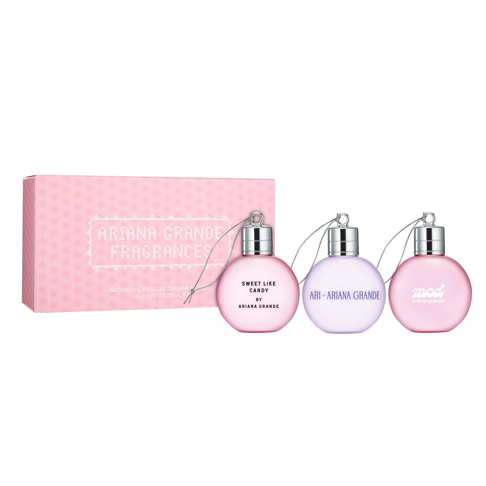 Ariana Grande Shower Gel Ornament Trio offers luxurious shower ritual and fragrance layering.