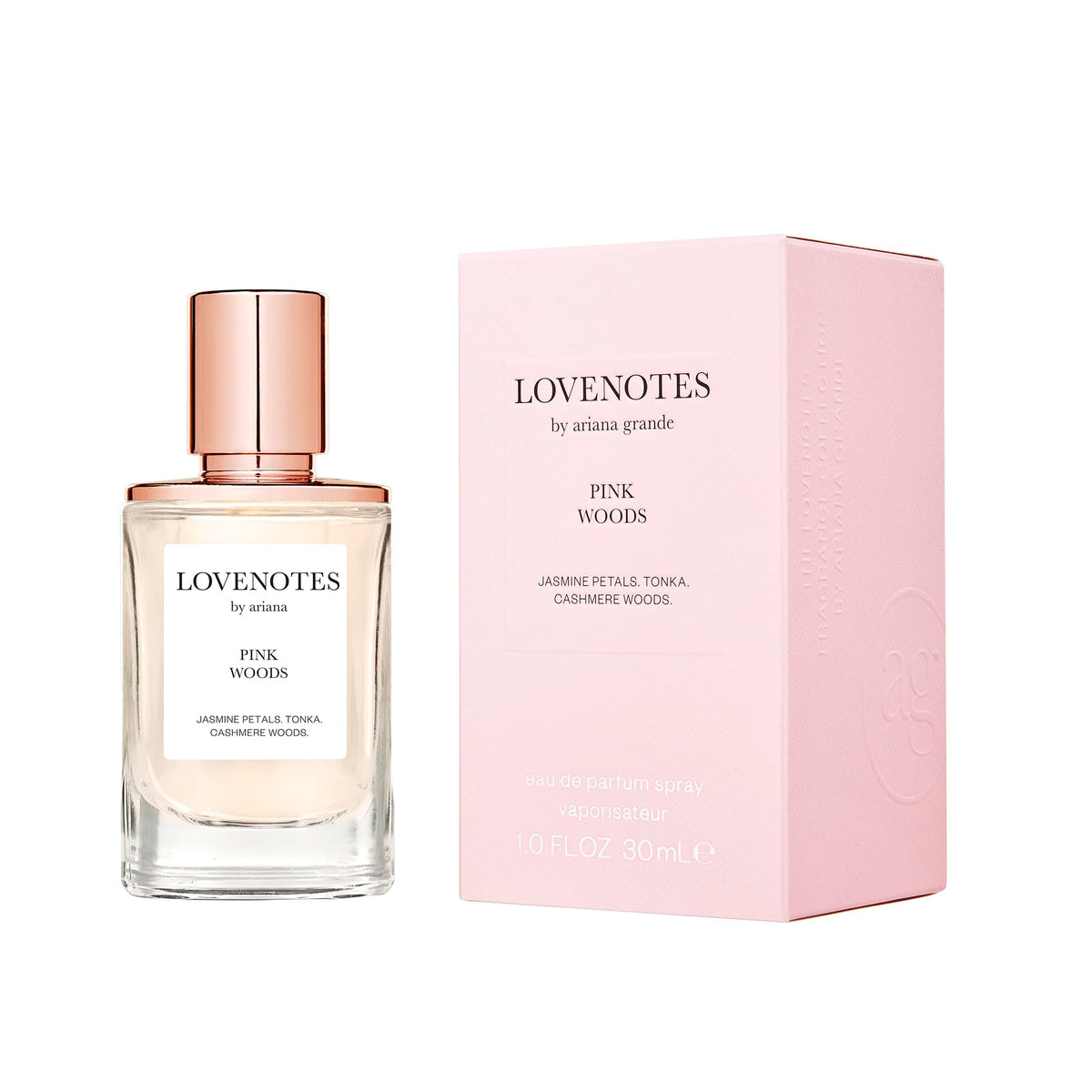 Ariana Grande LovNotes Pink Woods bottle for a long-lasting fragrance experience.
