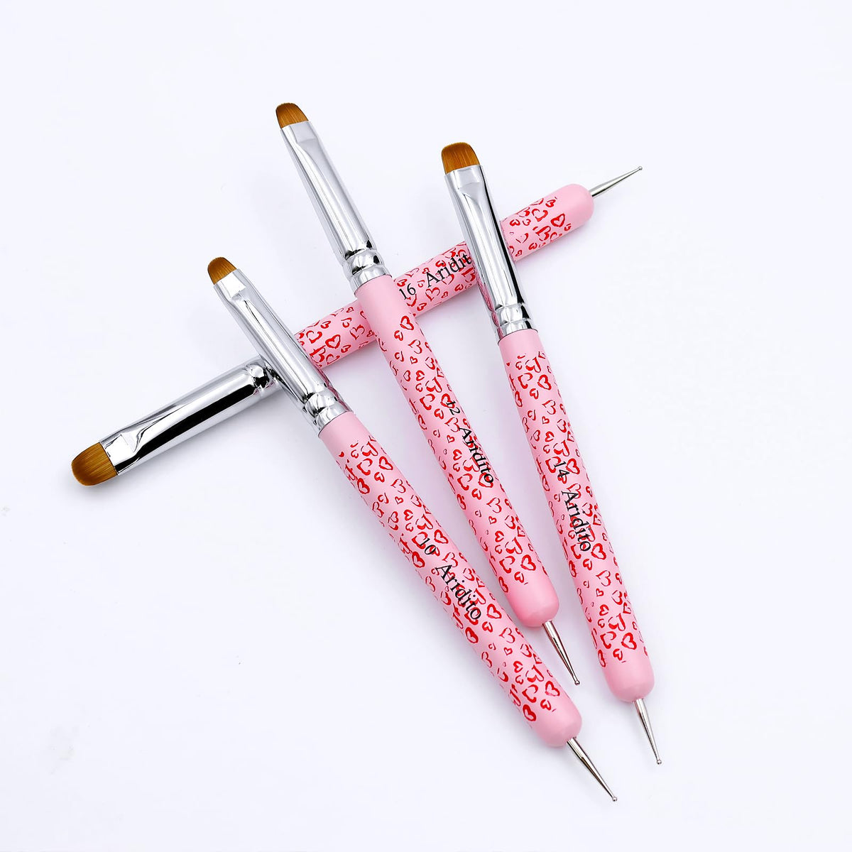 Aridito acrylic nail art set close-up showing multiple tools and fine bristles.
