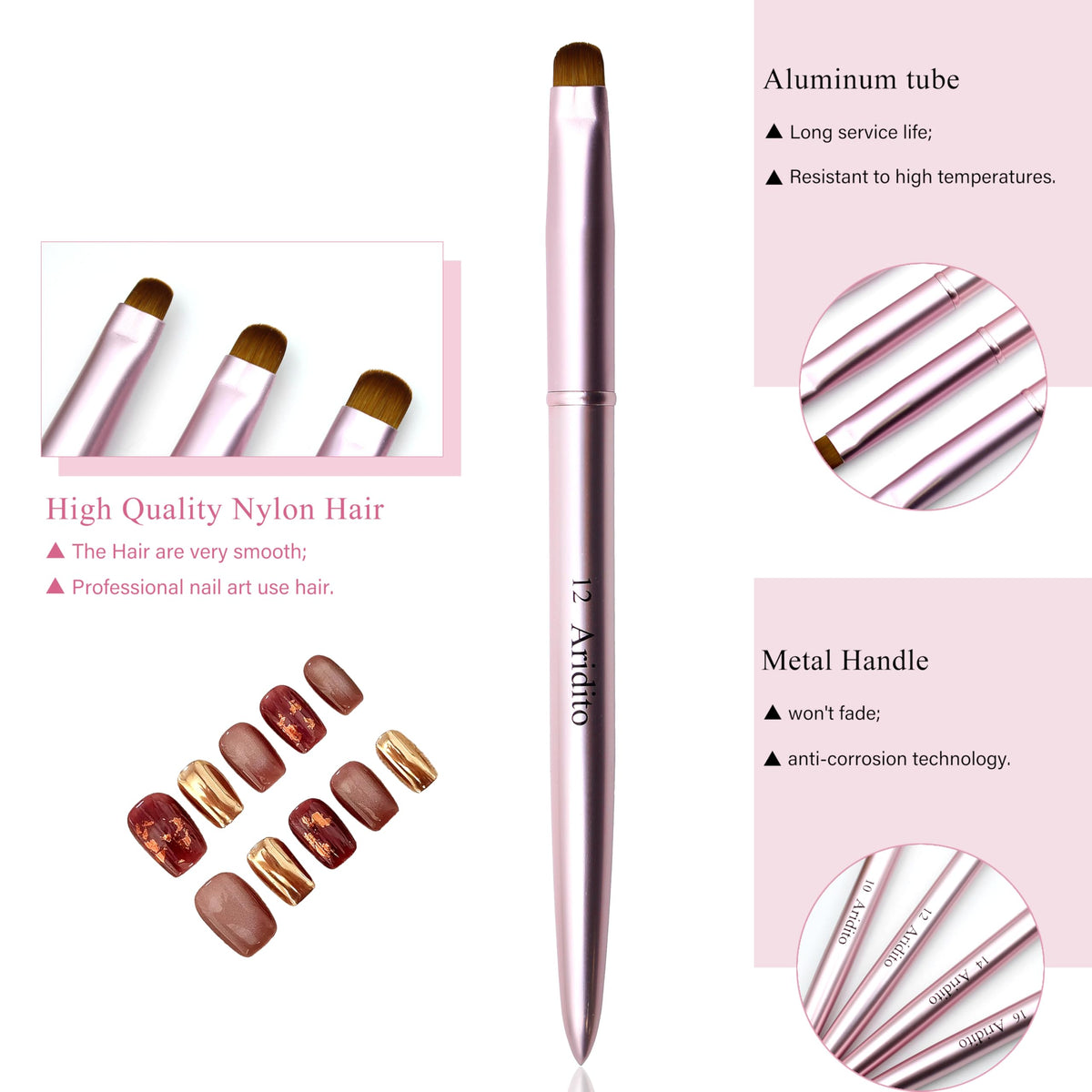 Aridito pink metal brush with ergonomic grip for comfortable extended use.