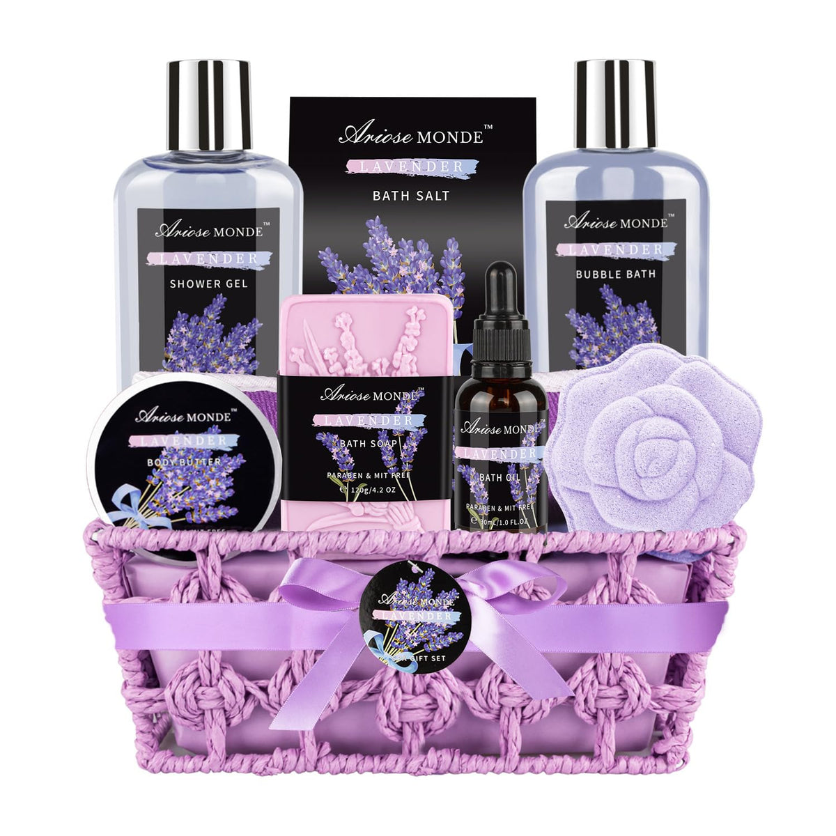 ArioseMonde lavender spa basket gift set, ideal for relaxation and self-care.