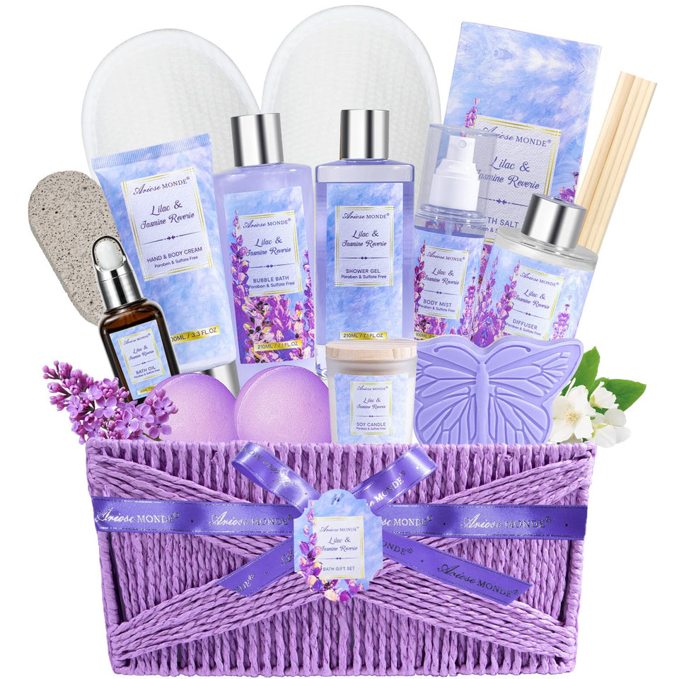 ArioseMonde Lilac Serenity basket with spa essentials for at-home relaxation