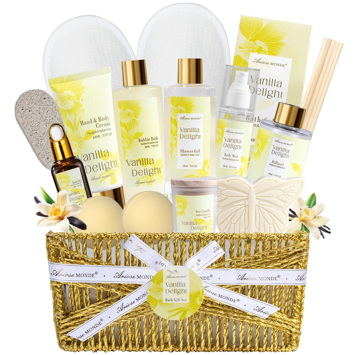 ArioseMonde Vanilla Rose Spa Set in gift basket, ideal for elegant self-care moments.