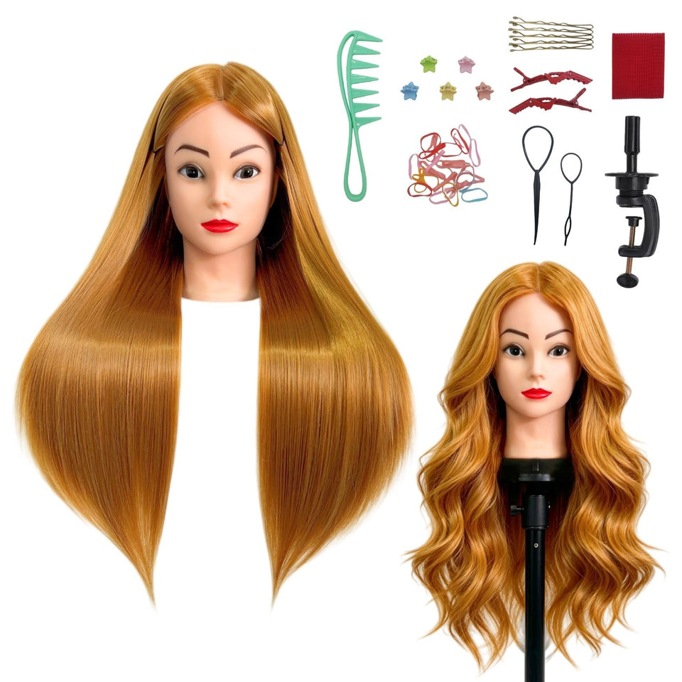 ARLEFENNI 28-inch light auburn hair mannequin head ideal for braiding practice.