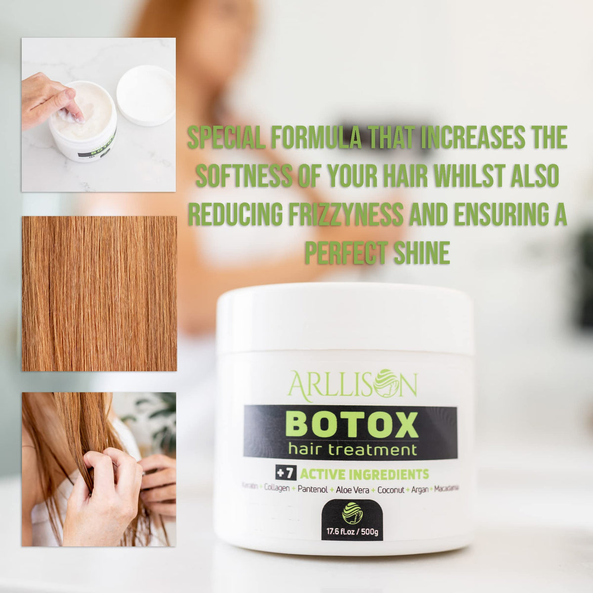 Arllison Botox application brush guiding even distribution for smoother hair.