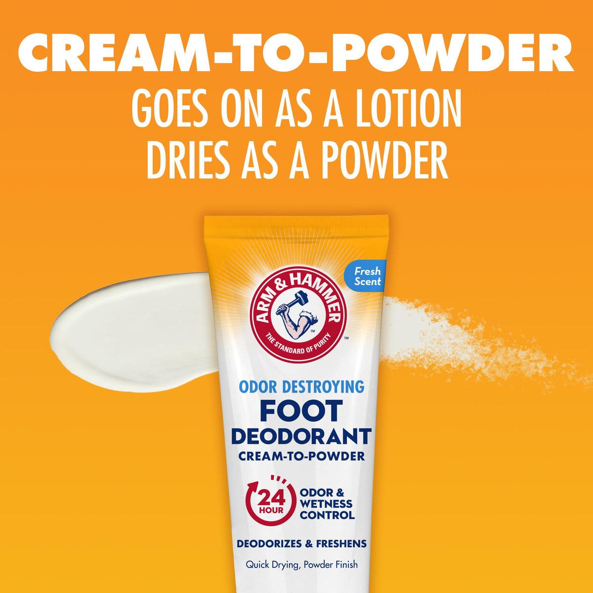 Arm & Hammer Cream-to-Powder Foot Deodorant applied to feet, gliding on smoothly.