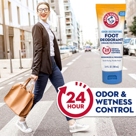 Arm & Hammer Cream-to-Powder Foot Deodorant drying to a soft powder finish.