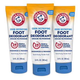 Arm & Hammer Cream-to-Powder Foot Deodorant pack on shelf shows 24-hour protection.