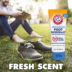 Arm & Hammer foot deodorant close-up reveals aloe vera and baking soda.