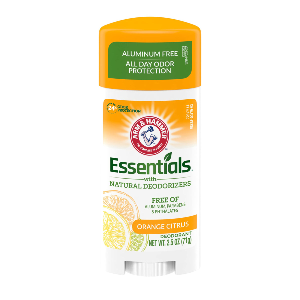 Arm & Hammer Essentials deodorant orange citrus packaging highlights aluminum-free formula
