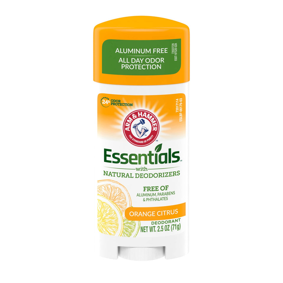 Arm & Hammer Essentials deodorant orange citrus packaging highlights aluminum-free formula