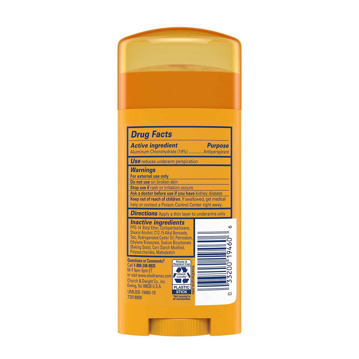 Arm & Hammer Ultra Max invisible solid unscented deodorant stick for clear wear