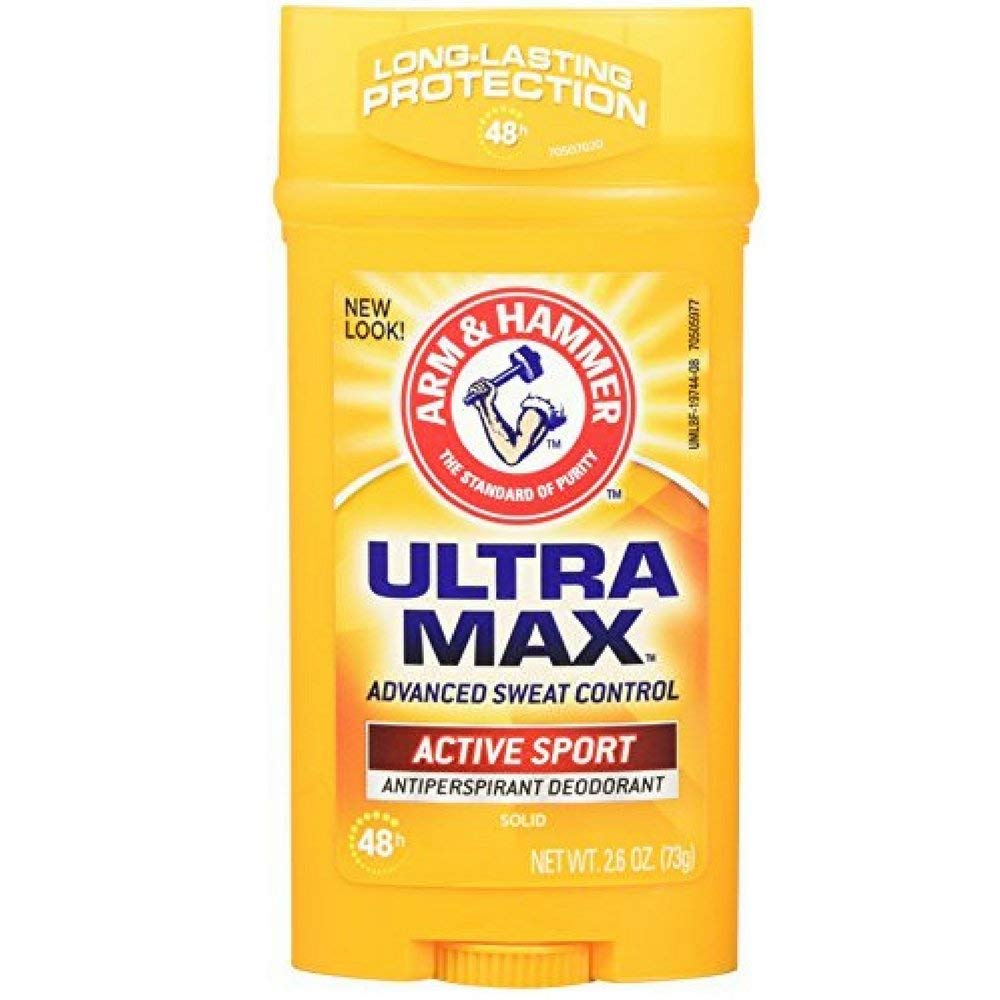 Arm & Hammer Ultramax anti-perspirant bottle keeps you dry and fresh for workouts and daily activities.