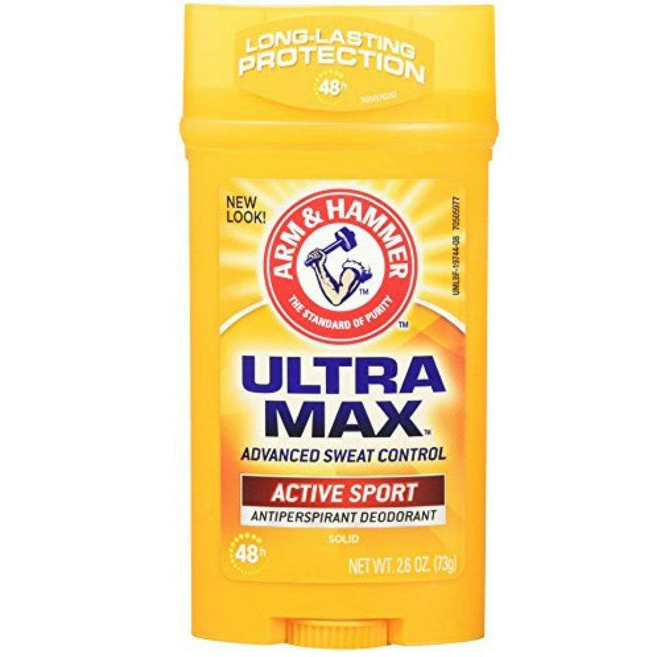 Arm & Hammer Ultramax anti-perspirant bottle keeps you dry and fresh for workouts and daily activities.