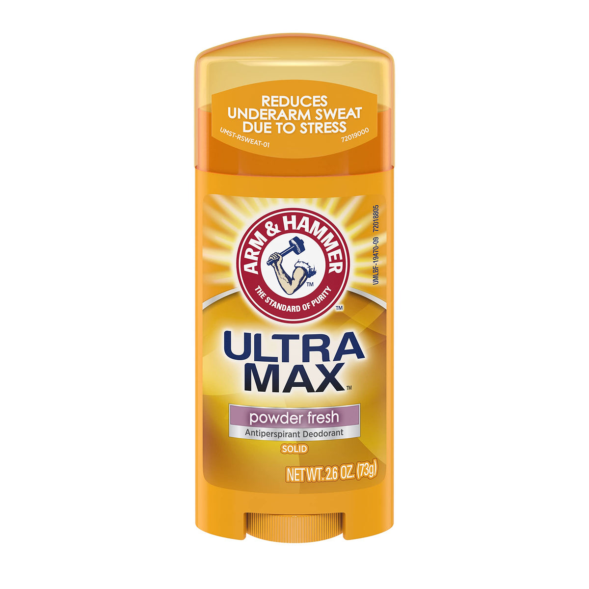 Arm & Hammer Ultramax deodorant solid powder fresh with long-lasting freshness.