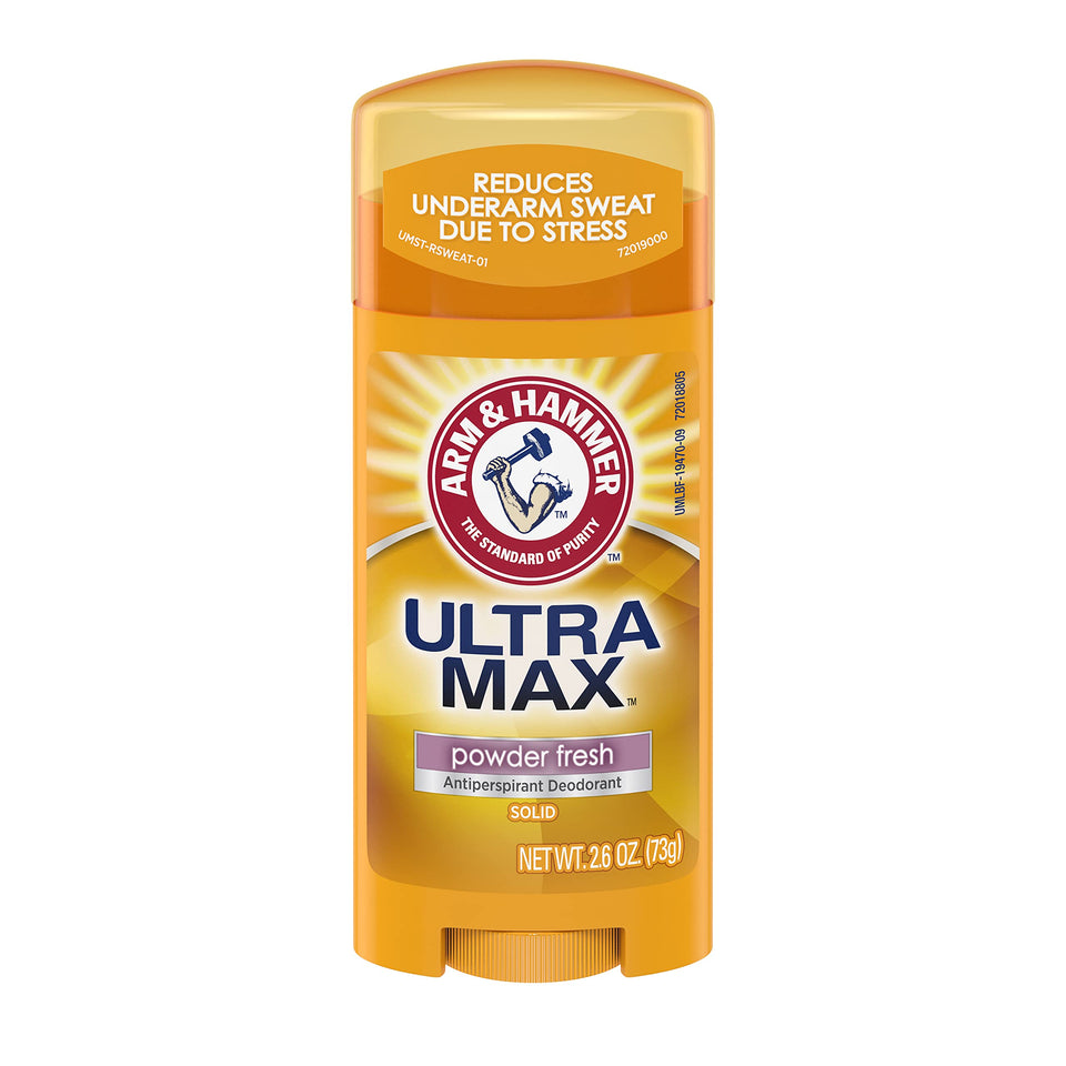 Arm & Hammer Ultramax deodorant solid powder fresh with long-lasting freshness.