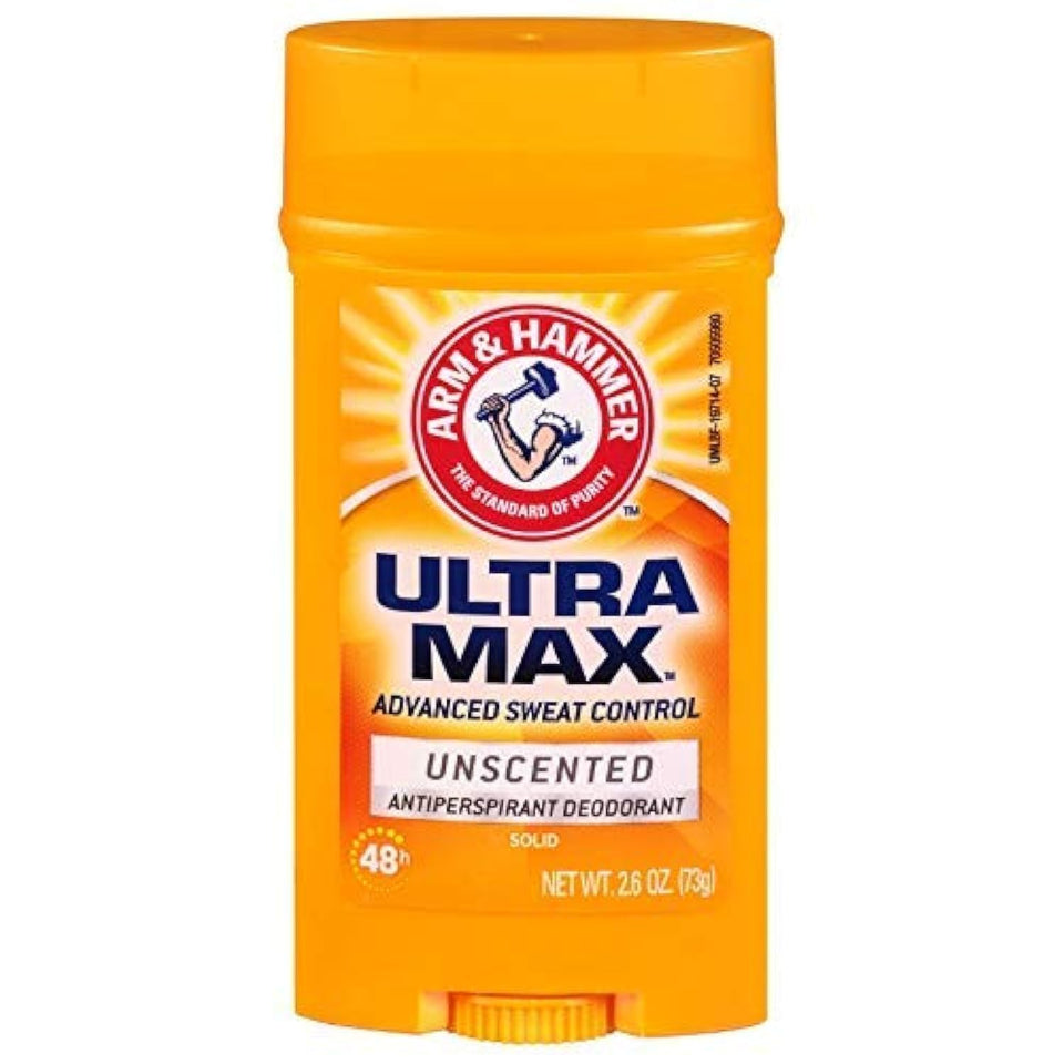 Arm & Hammer Ultramax Invisible Solid Unscented antiperspirant for daily odor and sweat protection.