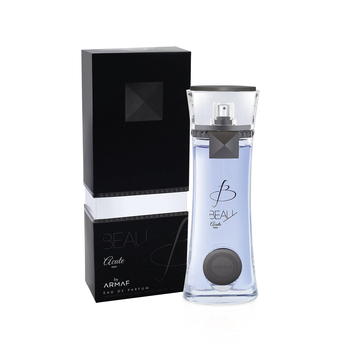 Armaf Beau Acute bottle closeup highlights citrus notes and woody base for day or evening wear.
