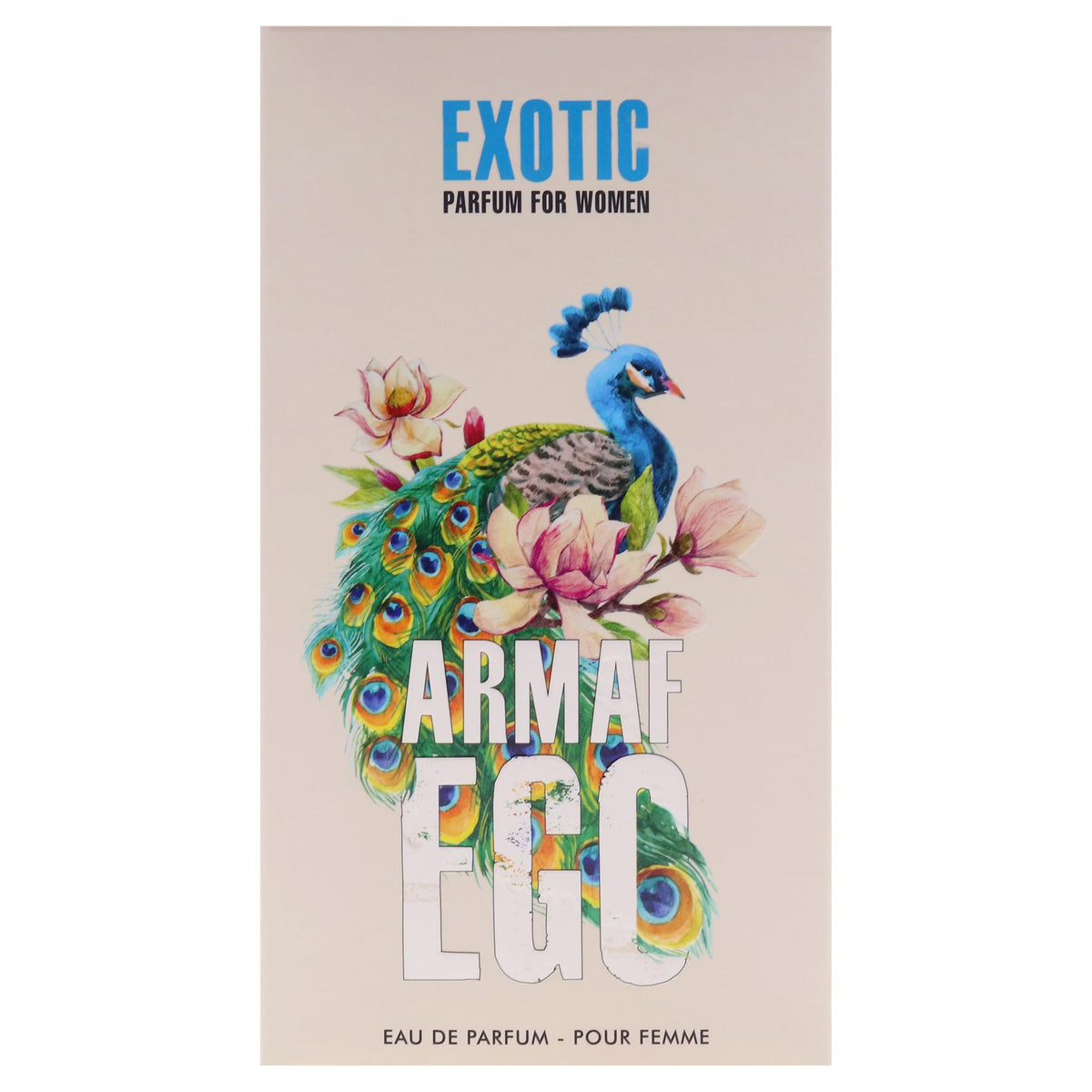 Armaf Ego Exotic outer-box-closeup showcases premium typography and brand credibility.