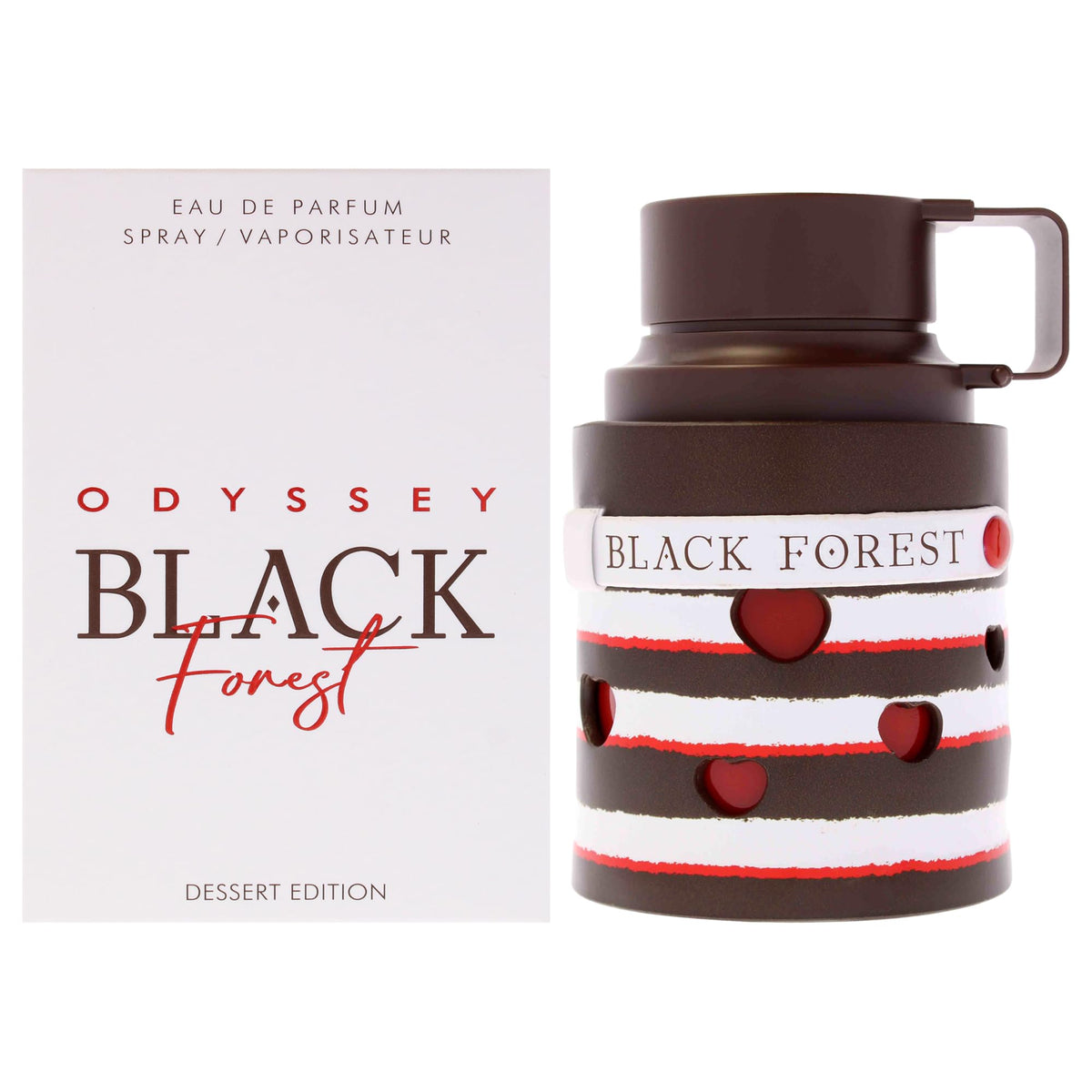 Armaf Odyssey Black Forest Dessert Edition bottle front, refined evenings feel