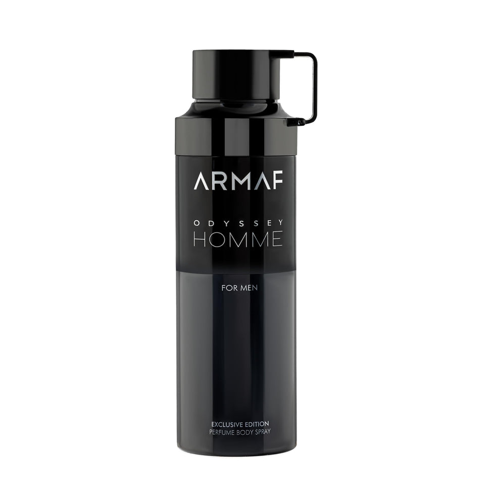 Armaf Odyssey Homme Black body spray bottle pour for long-lasting freshness.