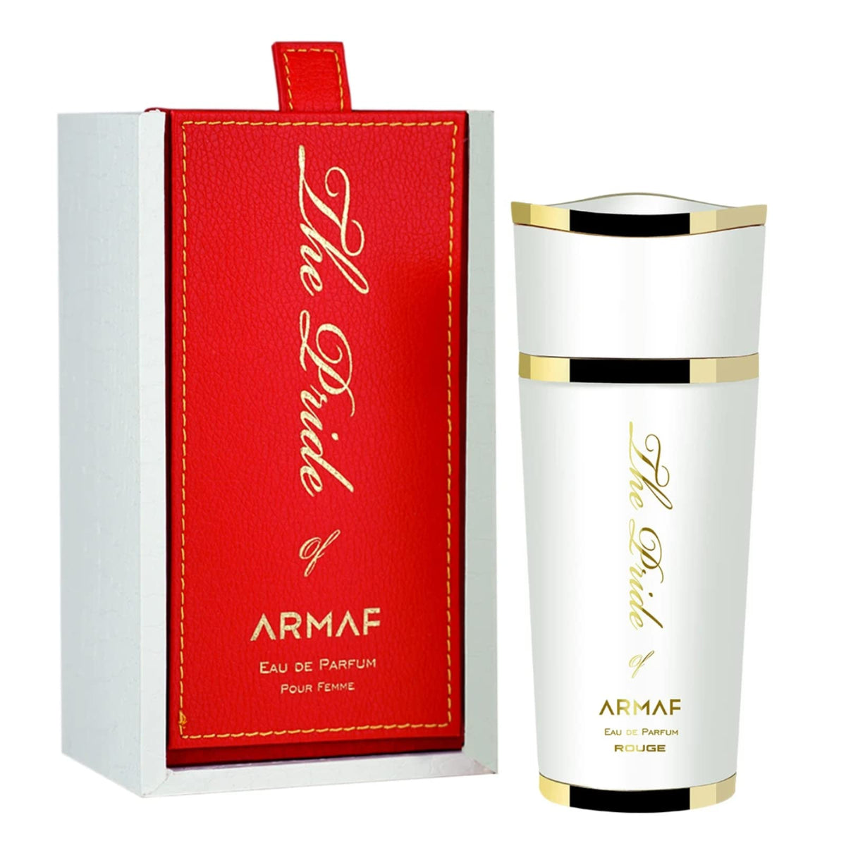 Armaf Pride Rouge bottle pour hints at amberwood for lasting impressions.
