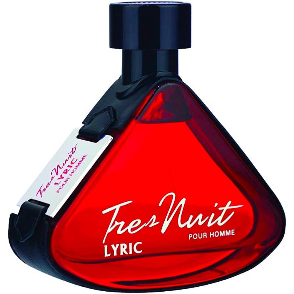Armaf Tres Nuit Lyric bottle on desk shows elegant, everyday fragrance for work.