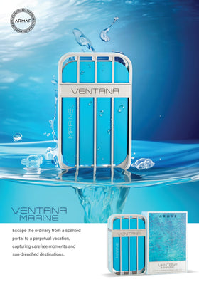 Armaf Ventana Marine glass catches light for a luminous scent experience.