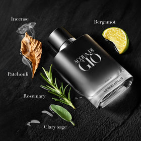 Armani Beauty Acqua di Giò Parfum matte black cap closeup evokes bold, elevated scent.