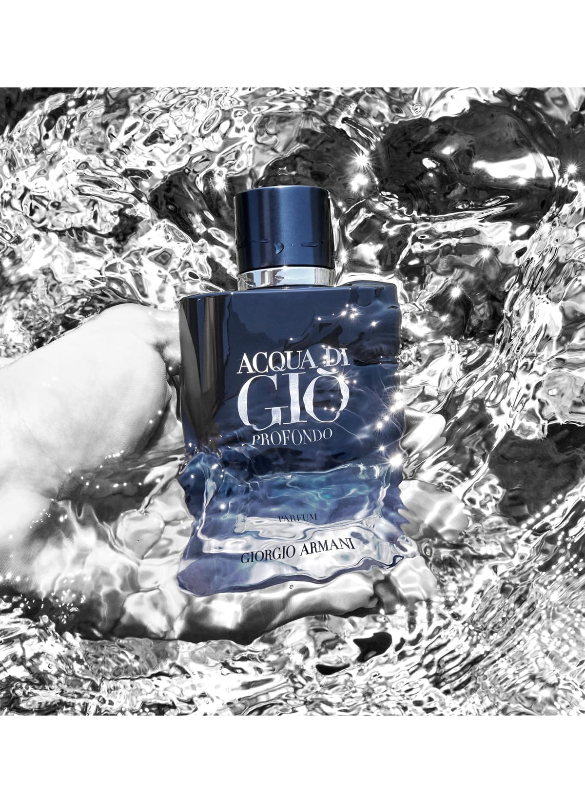 Monogram-embossed cap highlights luxury design on Acqua di Gio Profondo Parfum