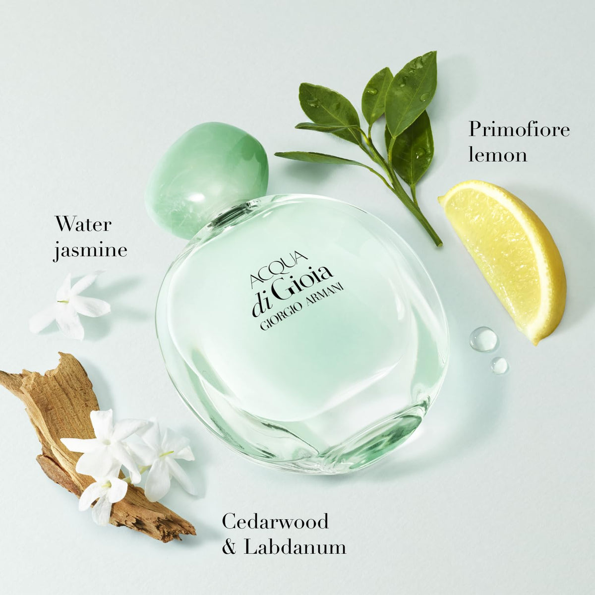 Armani Beauty Acqua di Gioia bottle close-up highlighting jasmine and sparkling citrus freshness.