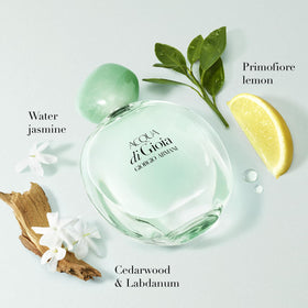 Armani Beauty Acqua di Gioia bottle close-up highlighting jasmine and sparkling citrus freshness.