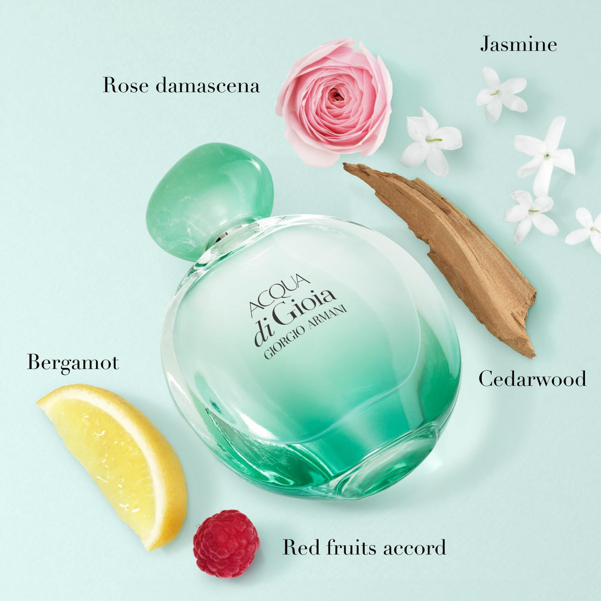 Armani Beauty Acqua Di Gioia EDP Intense bergamot and red fruits swirl on the bottle, bright energy.