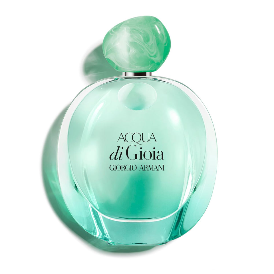Armani Beauty Acqua Di Gioia EDP Intense bottle with mint to turquoise gradient, suggesting freshness.