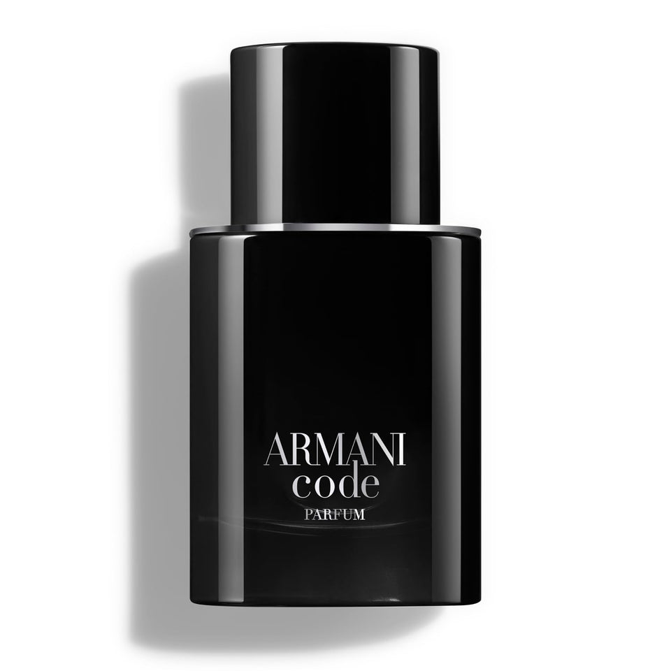Armani Beauty Code Parfum bottle close-up highlighting premium design and masculine presence.