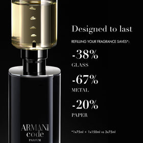 Armani Beauty Code Parfum refillable bottle emphasizes sustainability.
