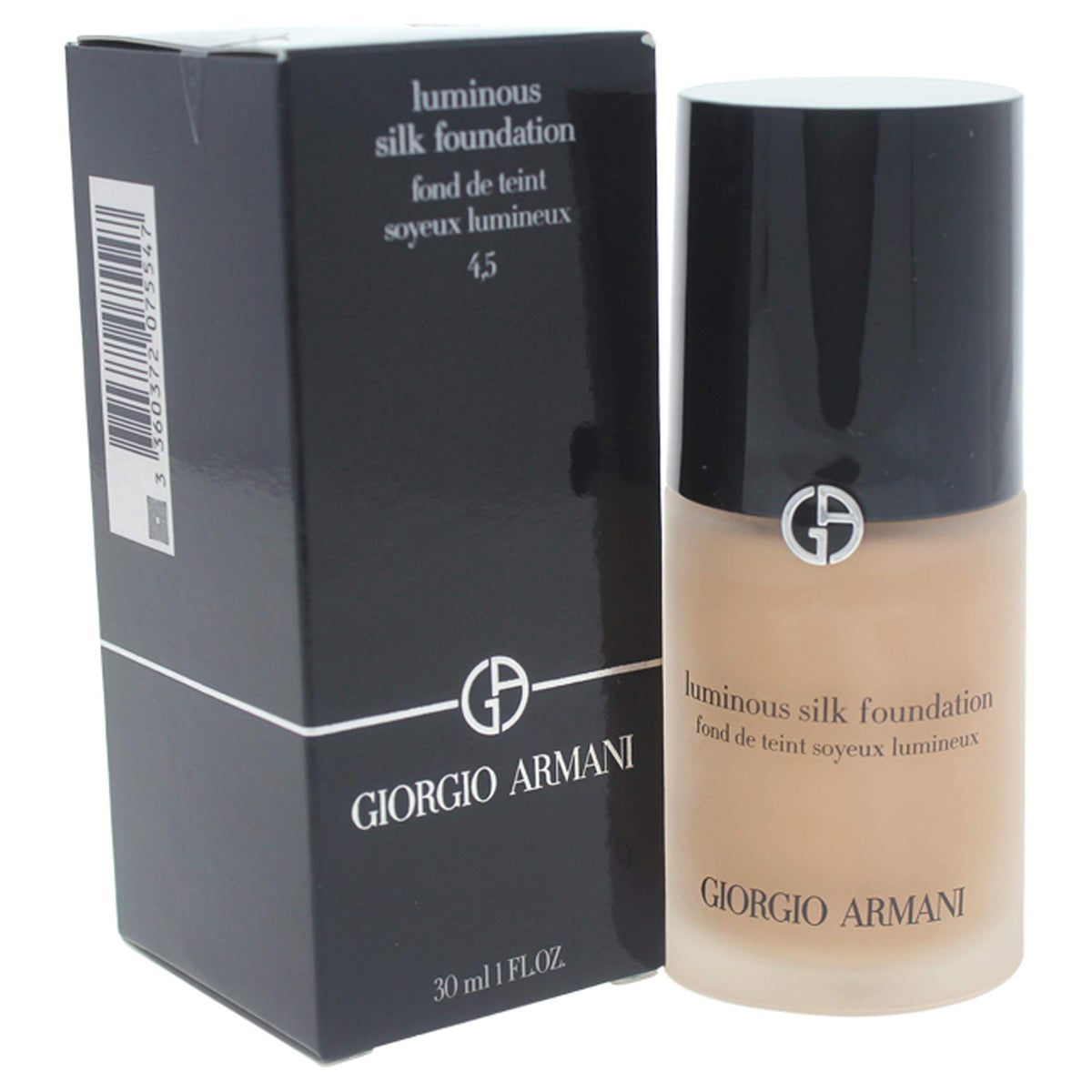 Armani Beauty Luminous Silk No. 4.5 Sand bottle demonstrates feather-light, natural finish.