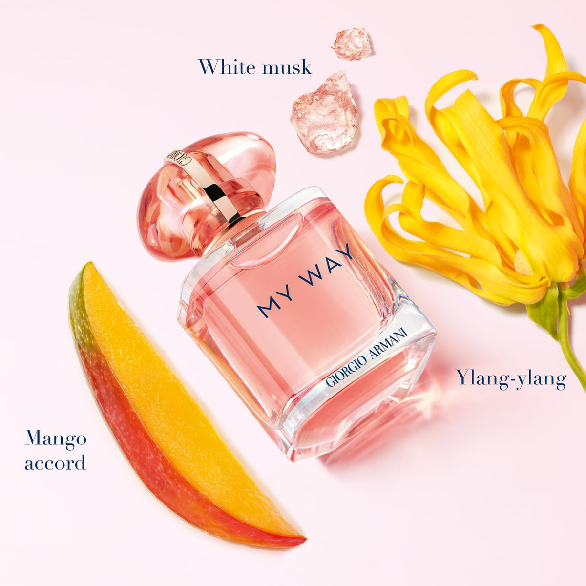 Closeup of Armani Beauty My Way Ylang bottle showing coral-toned design for stand-out appeal