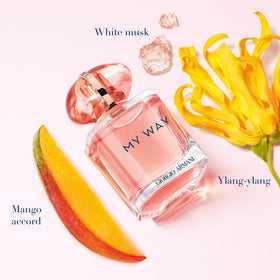 Closeup of Armani Beauty My Way Ylang bottle showing coral-toned design for stand-out appeal