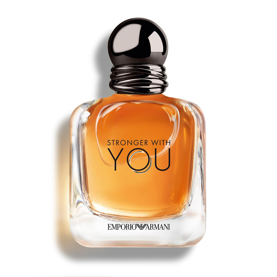 Armani Beauty Stronger With You bottle front, showcasing its masculine silhouette and lasting scent.